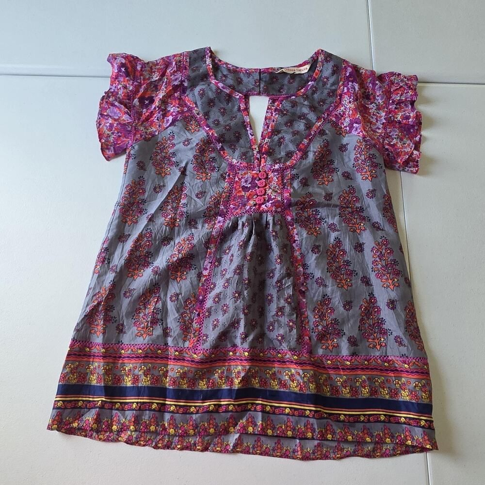 Rebecca Taylor Blouse Size 8 Multicolor Silk Floral Flutter Sleeve Boho Art Wear